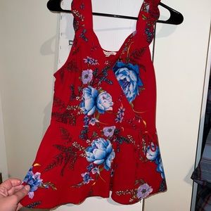 Red and Floral Sleeveless Peplum Top